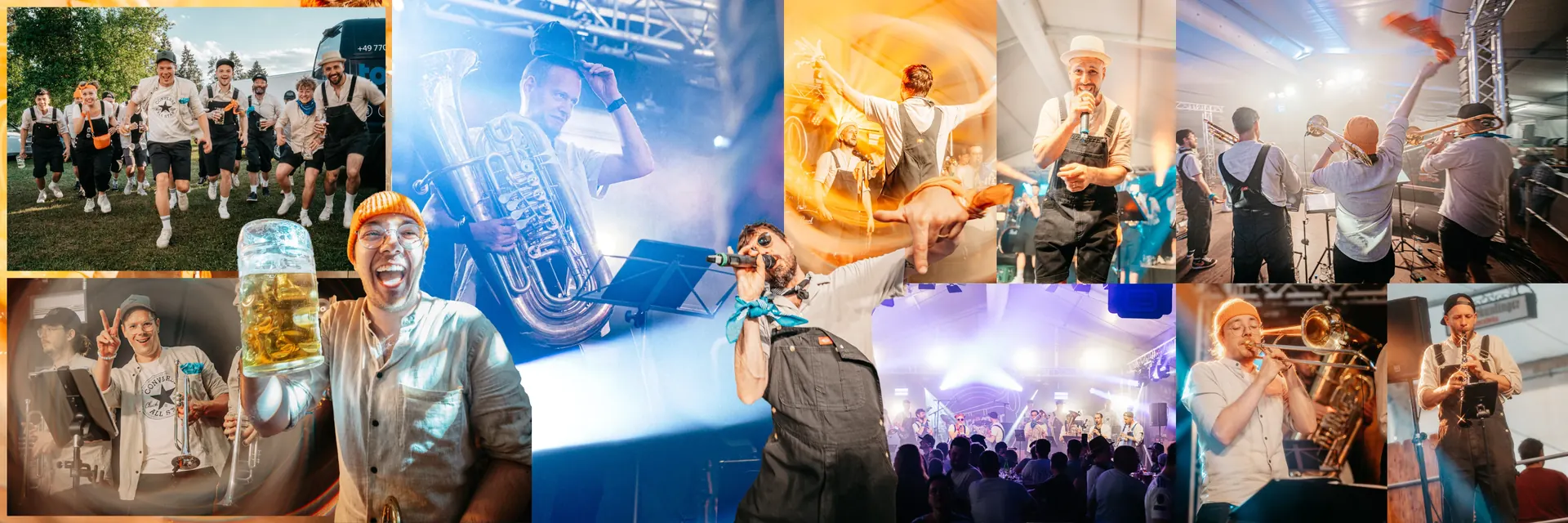 Collage der Baaremer Luusbuäbä live in Bachheim — Band, Bläser, Publikum und Backstage-Momente