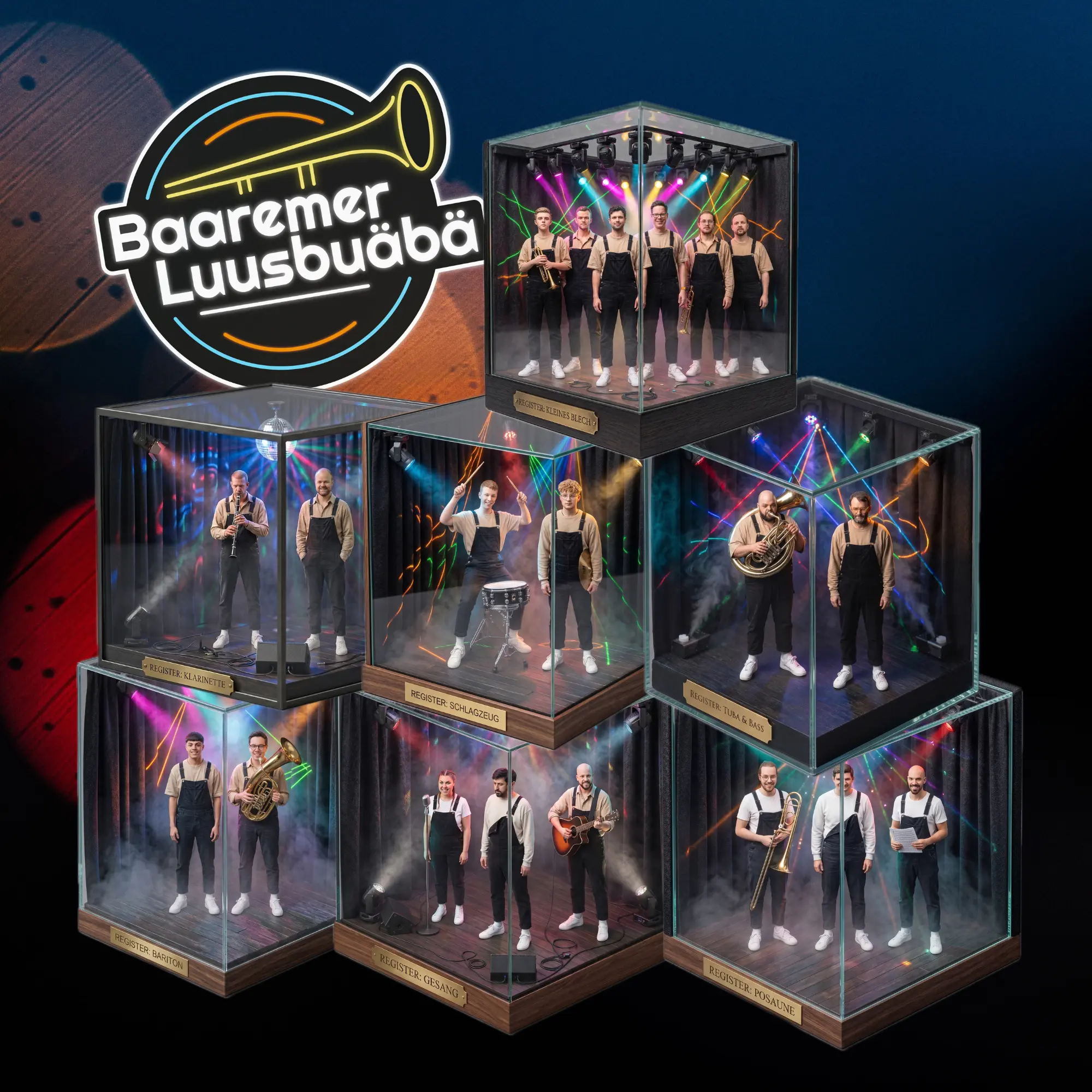Baaremer Luusbuäbä Bandfoto — alle Register in beleuchteten Glasvitrinen